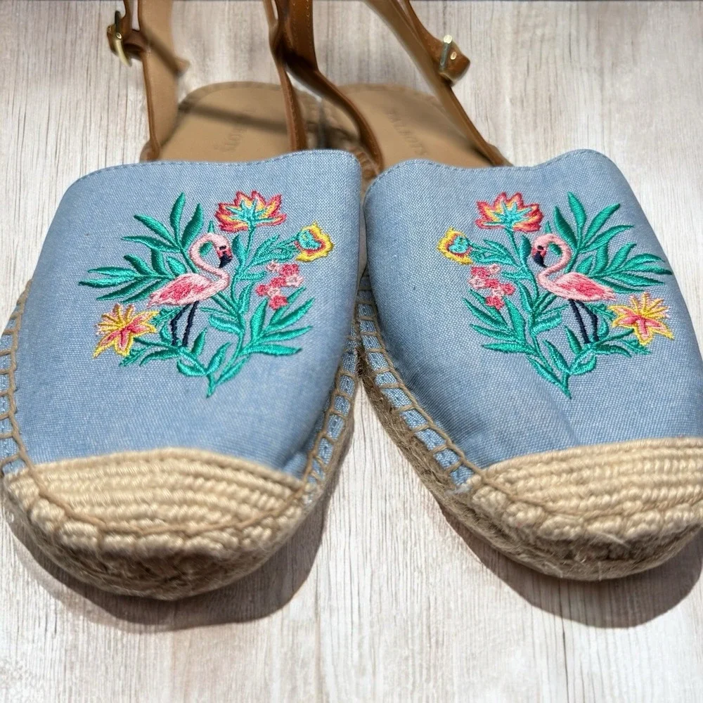 TALBOTS Espadrille Sandals Size 9.5 Chambray Izzy D'Orsay Embroidered Flamingo